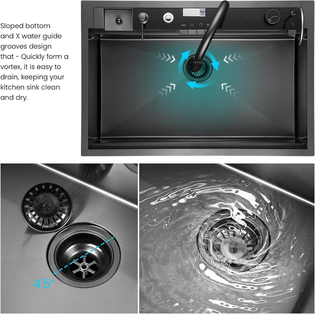 33x22 Inch Smart Waterfal Kitchen Sink Workstation, Gunmetal Black Drop-In Sink Handmade 16 Gauge Stainless Steel Single Bowl