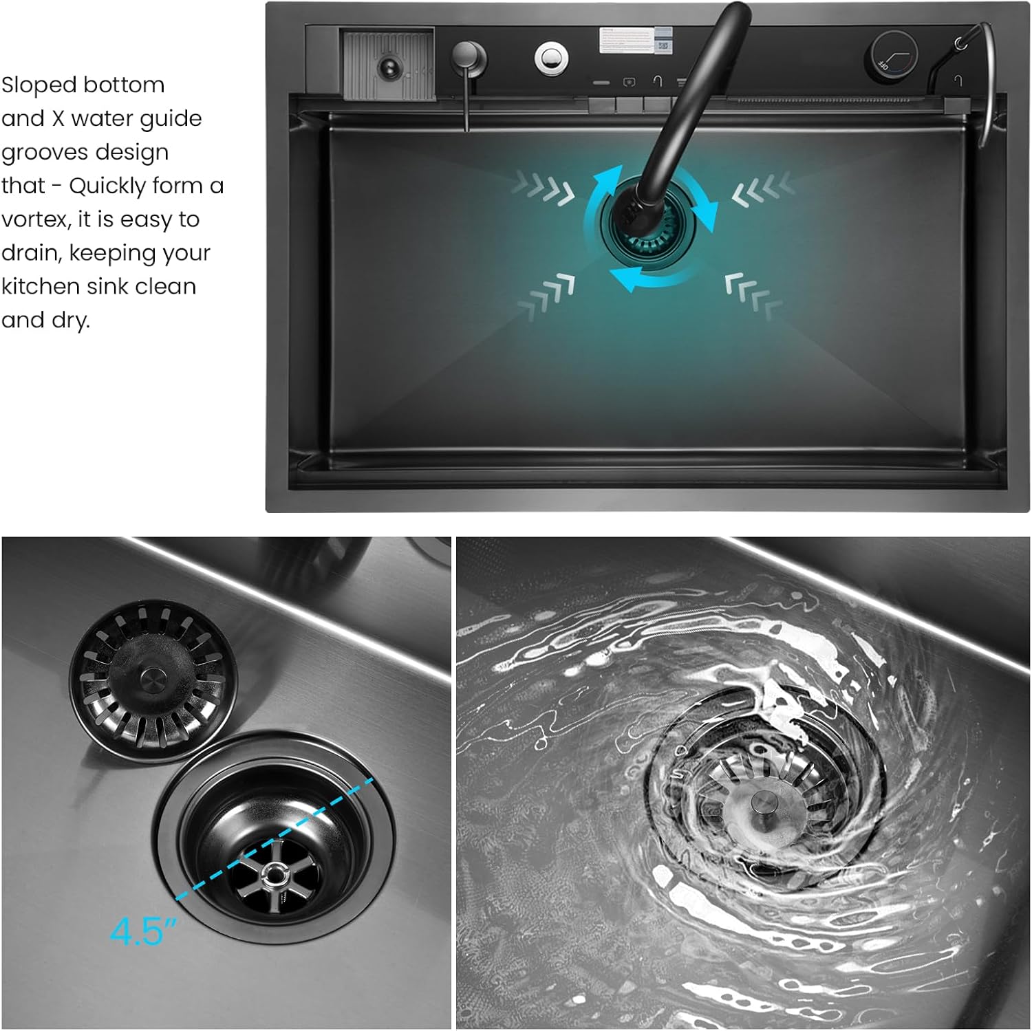 33x22 Inch Smart Waterfal Kitchen Sink Workstation, Gunmetal Black Drop-In Sink Handmade 16 Gauge Stainless Steel Single Bowl