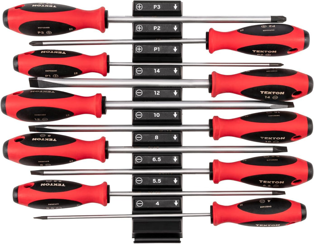 TEKTON Phillips and Slotted Screwdriver Set with Modular Organizers - 8 Inch Shanks, 10-Piece (#1 - #3, 4-14 mm) | DWZ90108