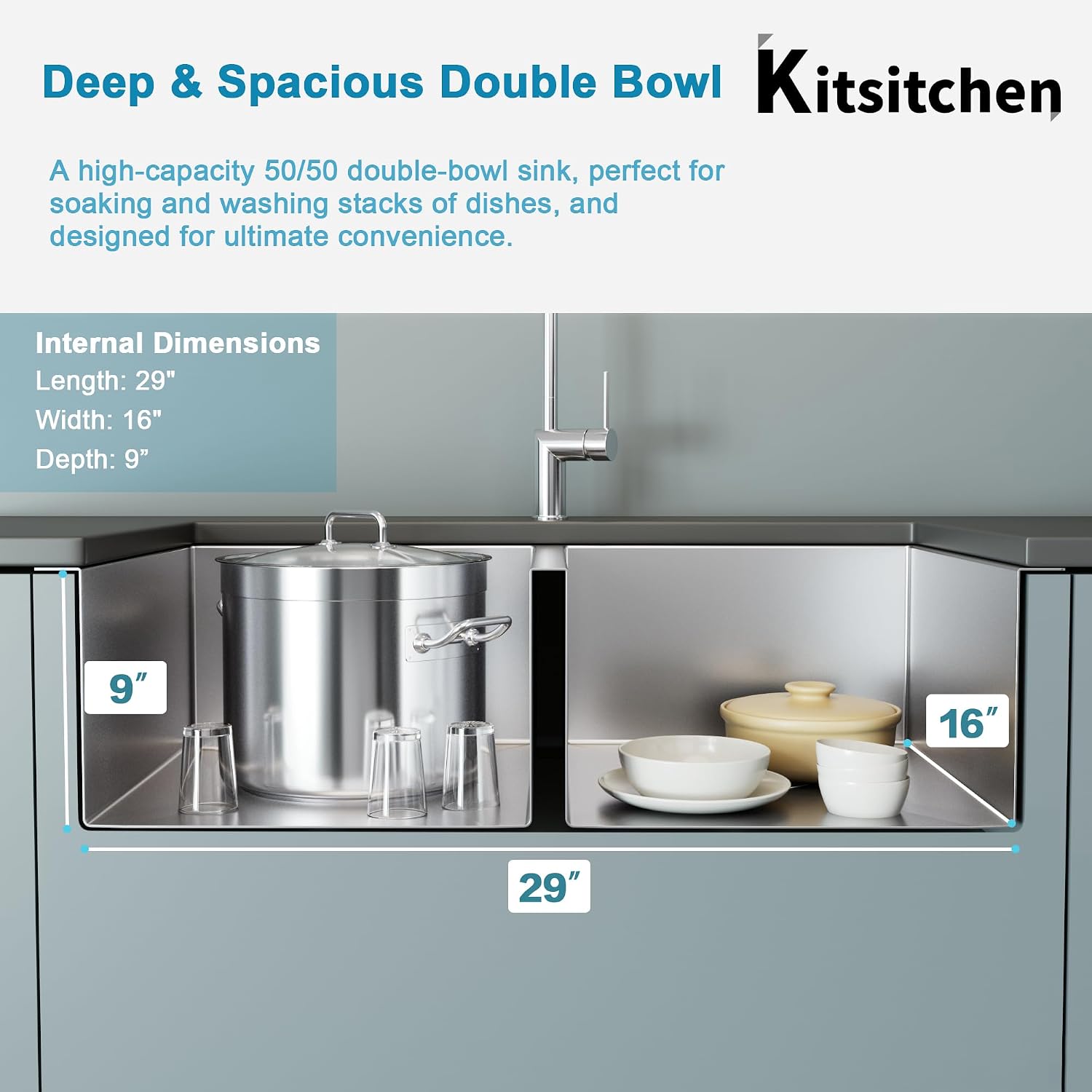 Kitsitchen Undermount Kitchen Sink,16 Gauge 304S Stainless Steel Double Kitchen Sink with Drain Strainers & Grids, 31' x 18' x 9' Large and Deep Handmade Kitchen Sinks,50/50 Double Bowl Design