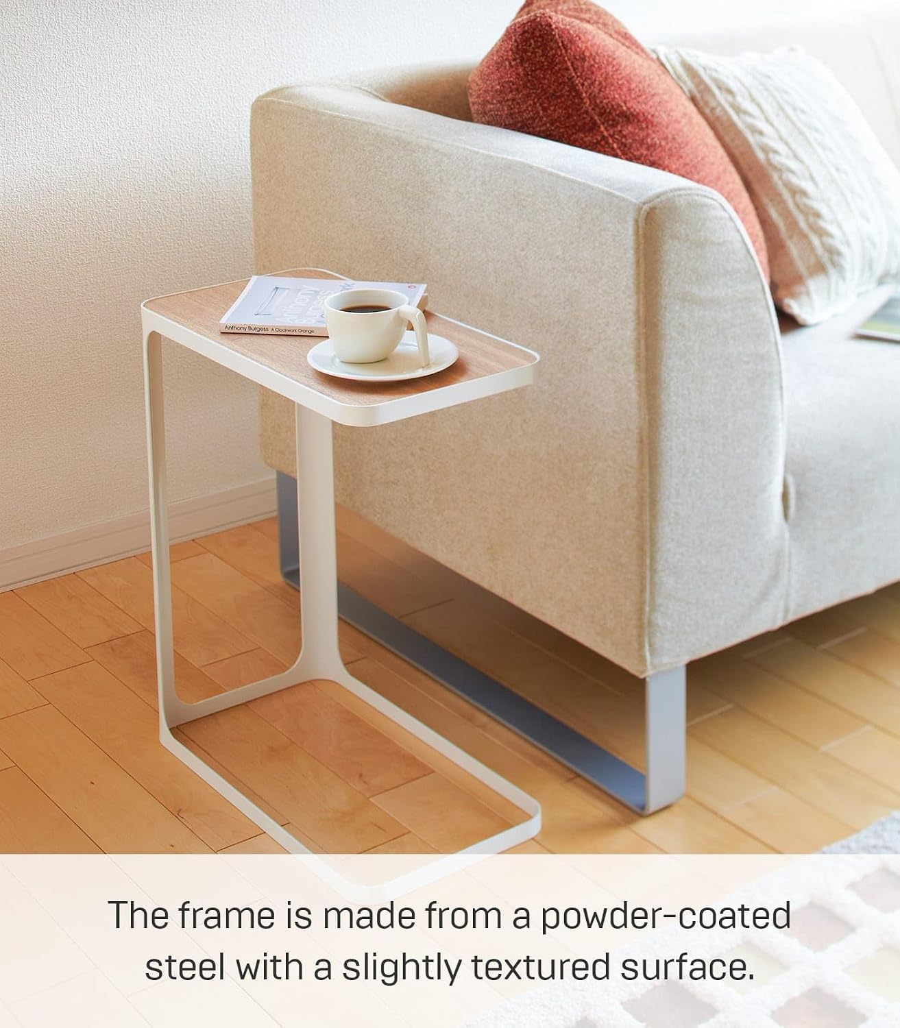 YAMAZAKI Home Small Metal and Wood Bedside Compact Side Table for Modern Living Room - Narrow C Shaped Slim End Table Steel One Size White