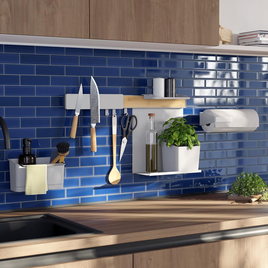 tesa Kitchen Organiser Combo Set XL - Self-Adhesive Kitchen Rail System, Herb Pot, 2 Shelves, Dishwasher Organiser, Knife and Kitchen Roll Holder, Hook Rail with 3 Hooks - Drill-Free - Bamboo/White