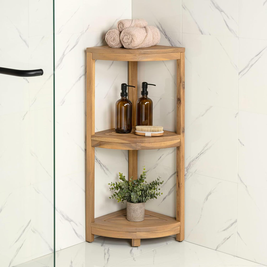 happimess SHF1000T Sela 33' Classic Minimalist 3-Tier Acacia Wood Freestanding Bathroom Corner Shelf, Shower Organizer, Storage Rack for Bath, Office, Kitchen Desktop, Light Teak