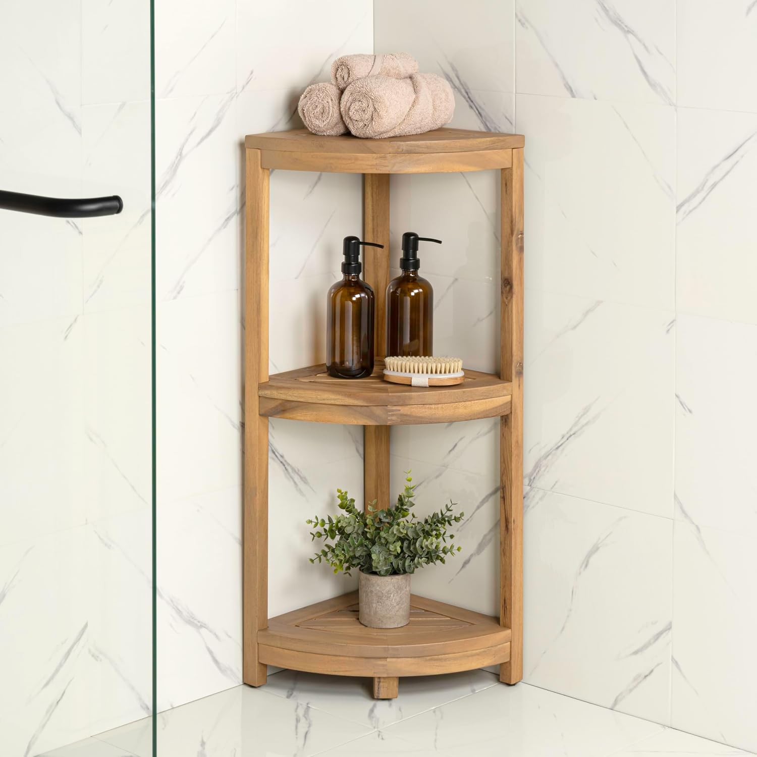 happimess SHF1000T Sela 33' Classic Minimalist 3-Tier Acacia Wood Freestanding Bathroom Corner Shelf, Shower Organizer, Storage Rack for Bath, Office, Kitchen Desktop, Light Teak