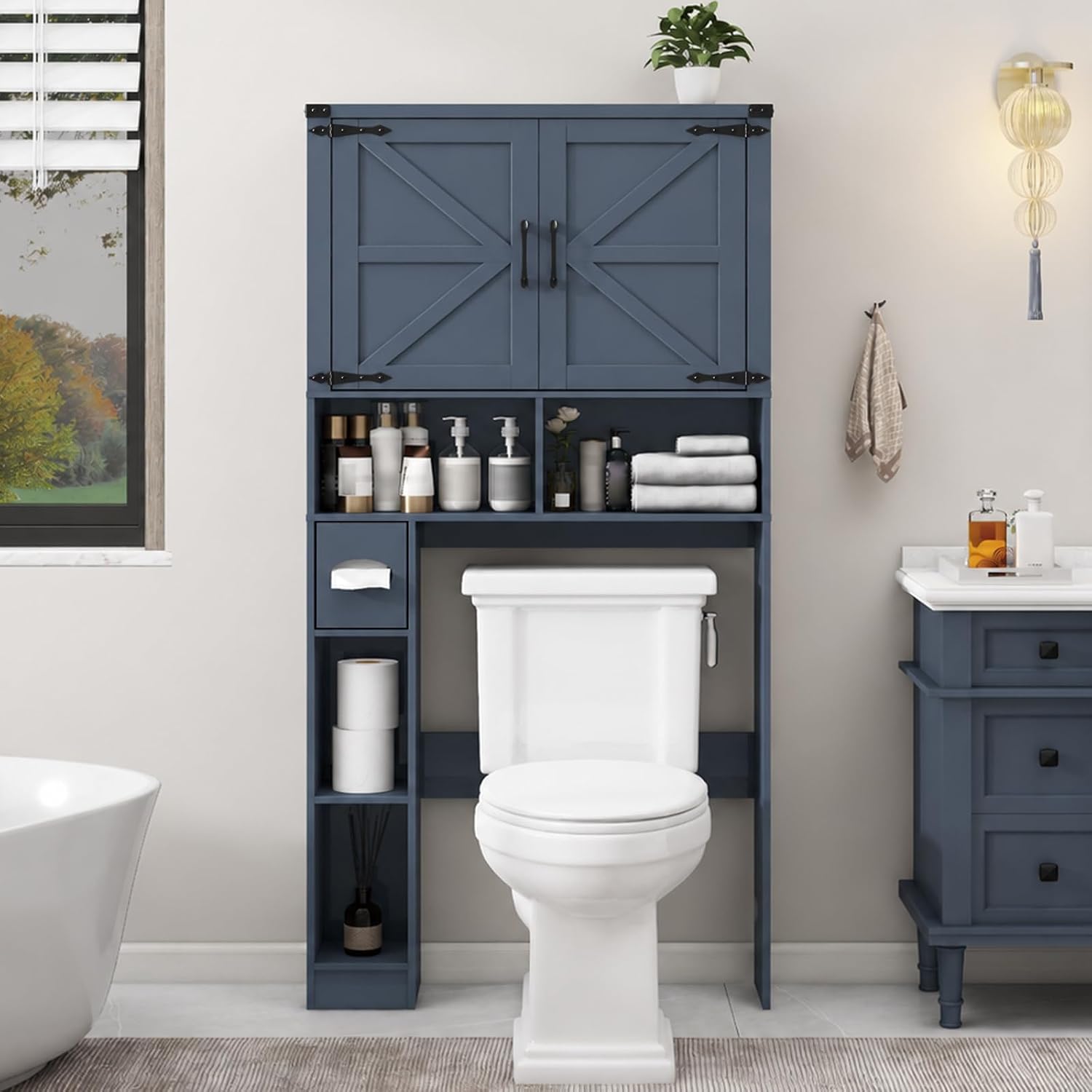 Vabches Over The Toilet Storage Cabinet, Farmhouse Storage Cabinet Over Toilet with 2 Barn Doors & Toilet Paper Holder Stand，Home Space-Saving Toilet Rack, for Laundry, Restroom, Bathroom.Blue