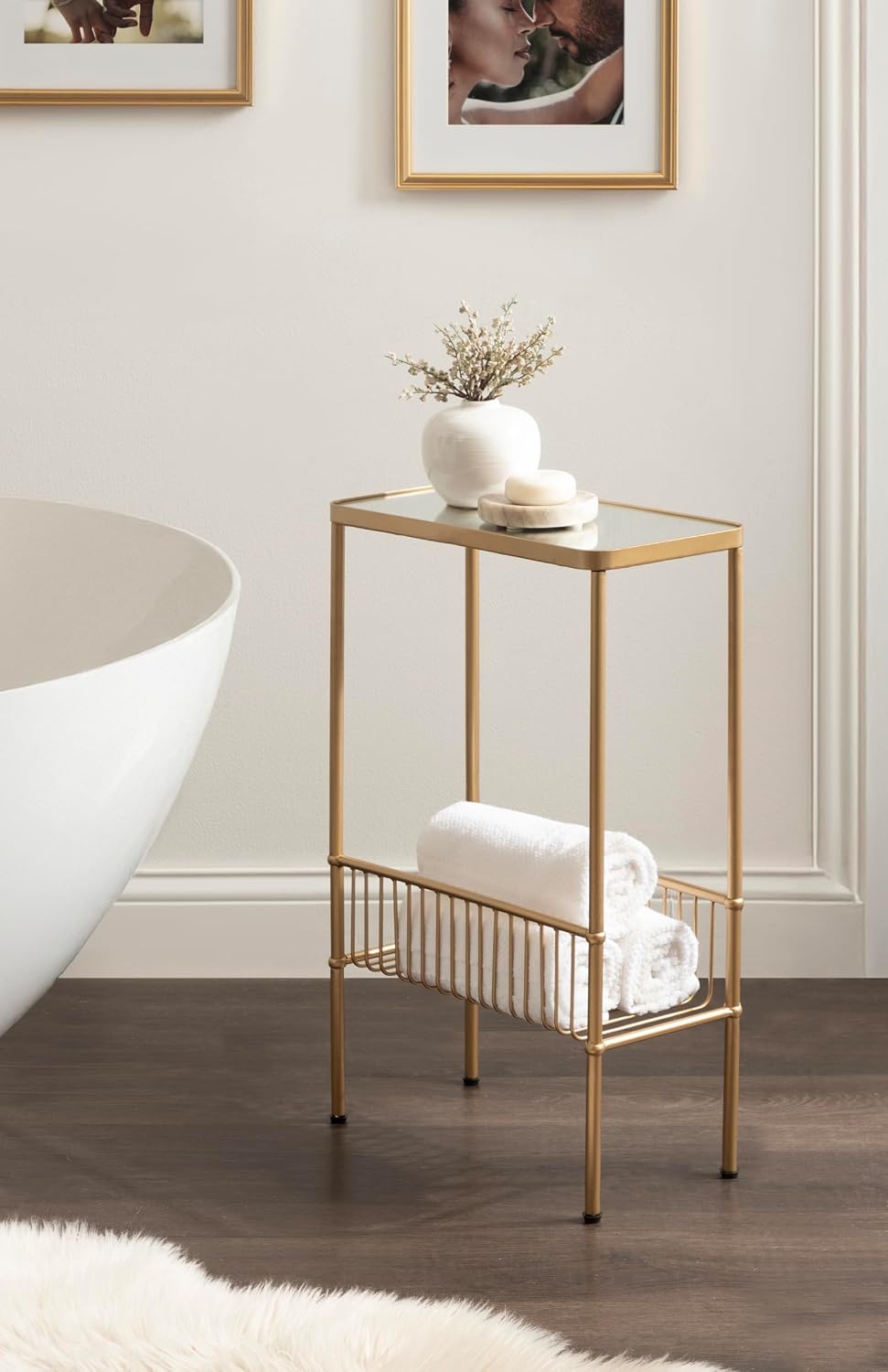 Kate and Laurel Trubey Modern Mirrored Rectangle Narrow Side Table, 16 x 8 x 25, Gold, Modern Glam Slim End Table with Bottom Wire Storage Rack and Mirrored Tabletop