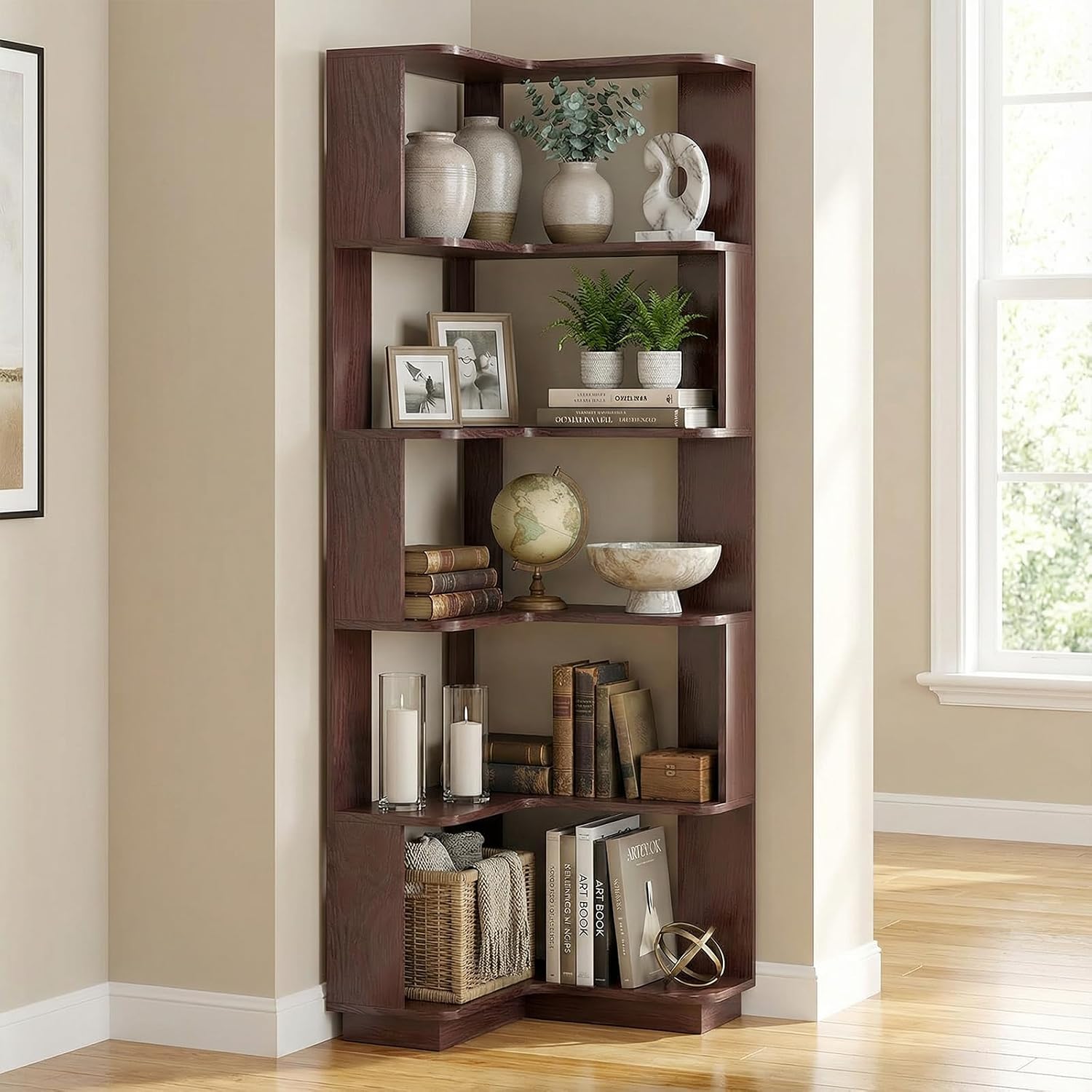 5 Tier Corner Bookshelf, Freestanding L-Shaped Wooden Bookcase with Open Shelves, Anti-Fall Panels and Anti-Tipping Device for Living Room, Bedroom, Home Office (Ox Blood Red)