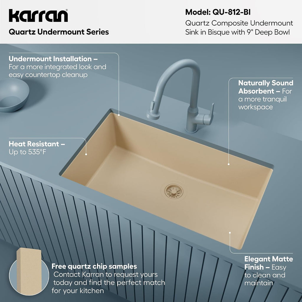 Karran Undermount 33' Large Single Bowl Granite Quartz Composite Kitchen Sink in Bisque – Extra Deep 9' Basin, Heat & Scratch Resistant, Sound Dampening, Rear Drain – QU-812