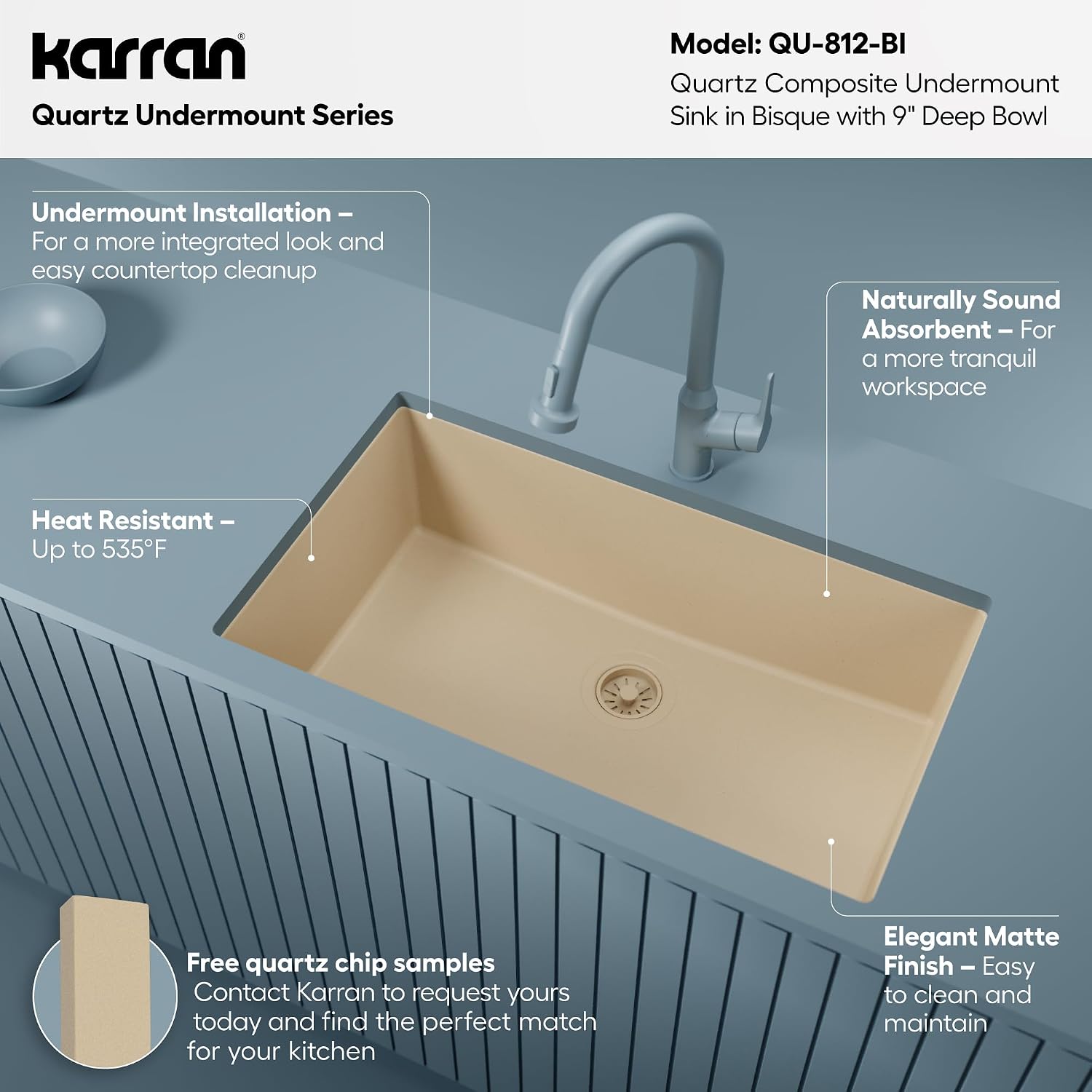 Karran Undermount 33' Large Single Bowl Granite Quartz Composite Kitchen Sink in Bisque – Extra Deep 9' Basin, Heat & Scratch Resistant, Sound Dampening, Rear Drain – QU-812
