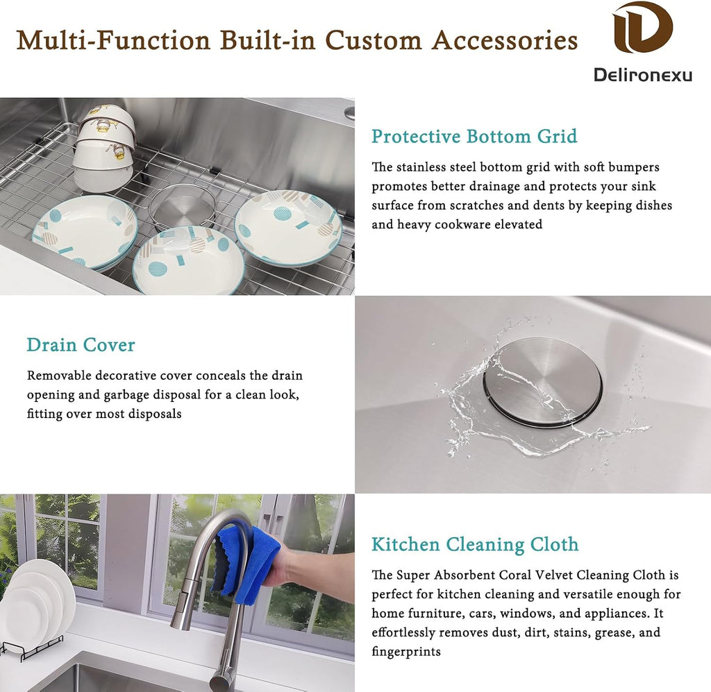 33x22 Drop In Kitchen Sink - Delironexu 16 Gauge Top Mount Stainless Steel Kitchen Sink, 33 Inch Deep Single Bowl kitchen Sinks with 3-Piece Accessories