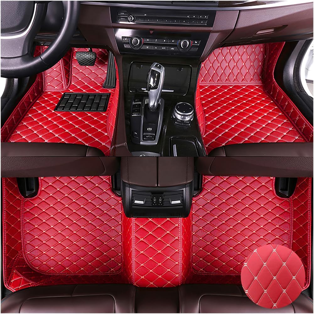 Car Floor Mats for Dodge Challenger 2020-2022,Leather Luxury Floor Liner All Weather Protection Carpet. (Full Set/Red-Cream Color)