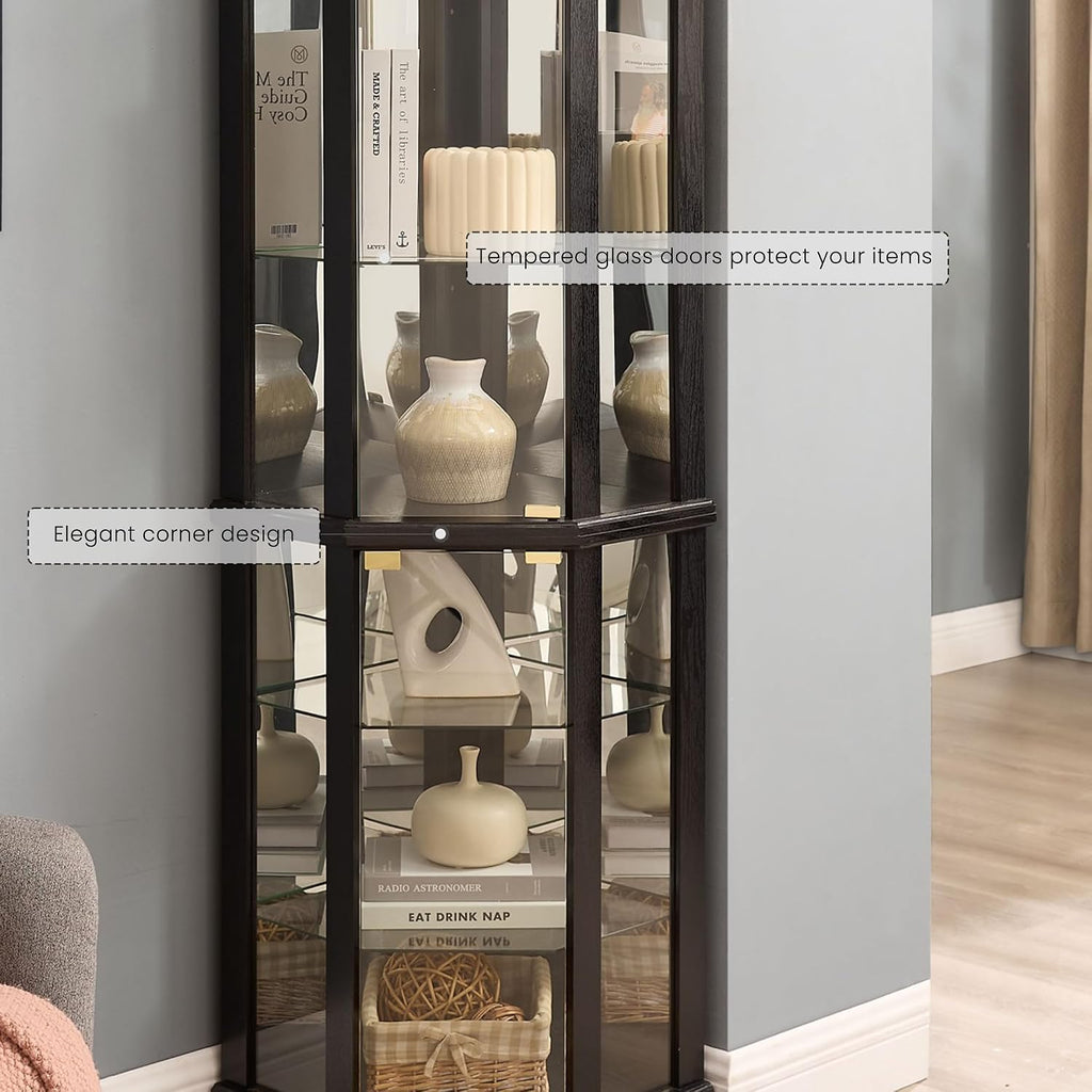 72' H Lighted Corner Curio Cabinet, Wooden Curio Cabinet with Tempered Glass Doors, 6-Tier Shelves Corner Cabinet with Glass, Liquor Display Storage Rack for Living Room(Black)