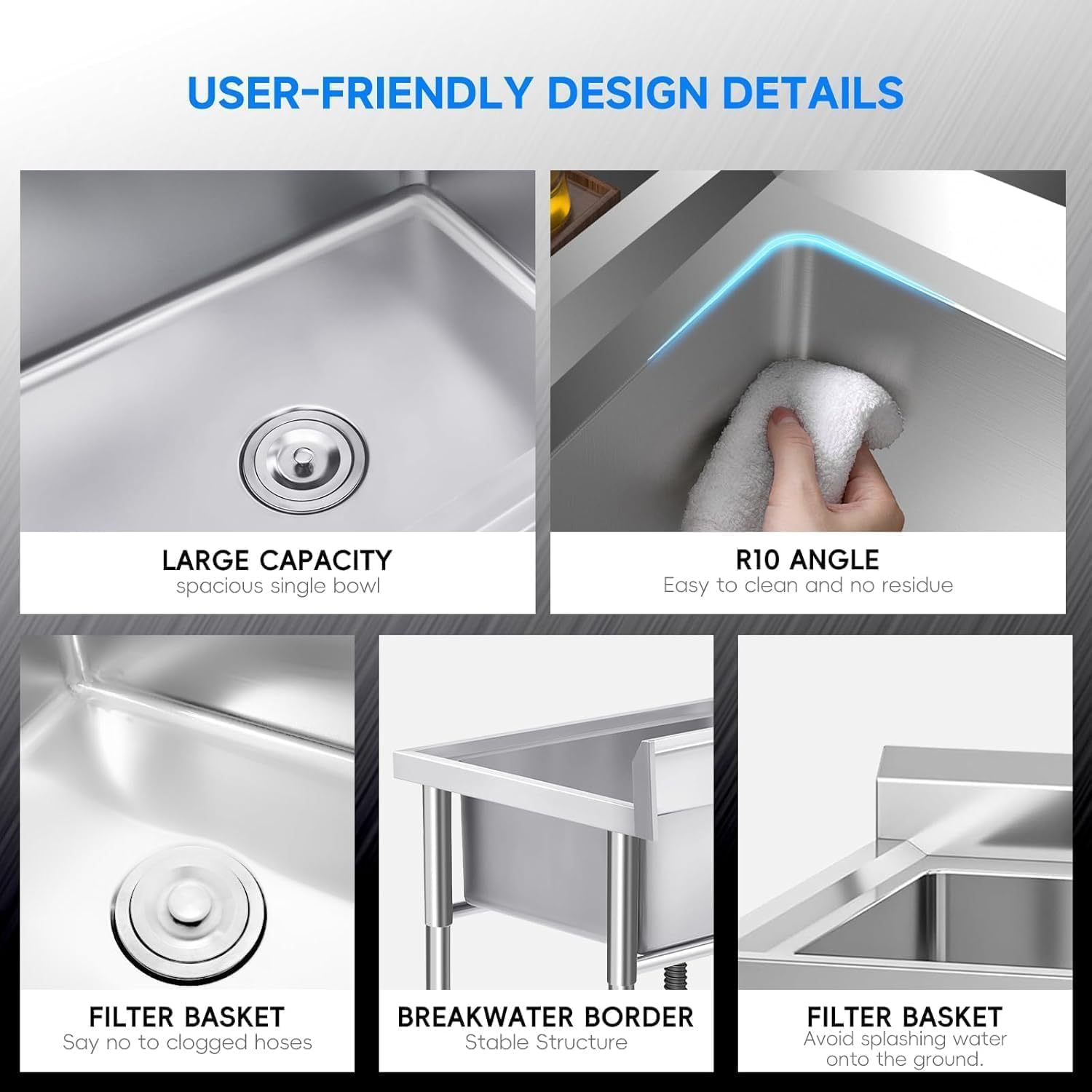 47x20x37 Inch Commercial Stainless Steel Utility basin - Single Compartment with Faucet & Base Frame, Adjustable Legs & Storage Shelf, Freestanding Prep basin for Kitchen or Garage