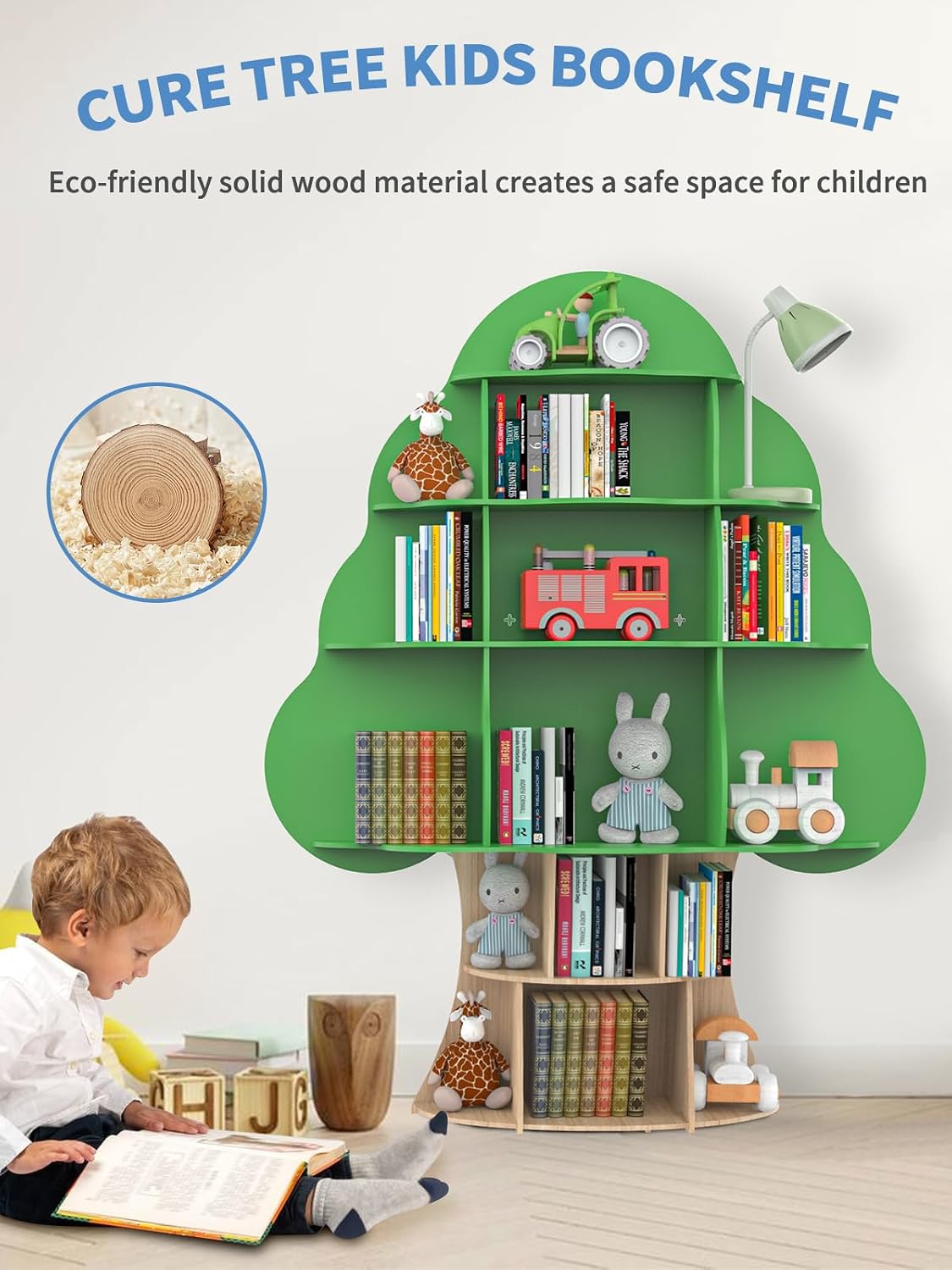Bear Qiaqia Tree Kids Bookshelf, Toddler Wood Bookcase, 16-Cubby Children Toy Storage Organizer Book Shelf for Kids Rooms, Nursery, Bedroom, Living Room, Classroom, Boy Girl's Gift (Green Tree)