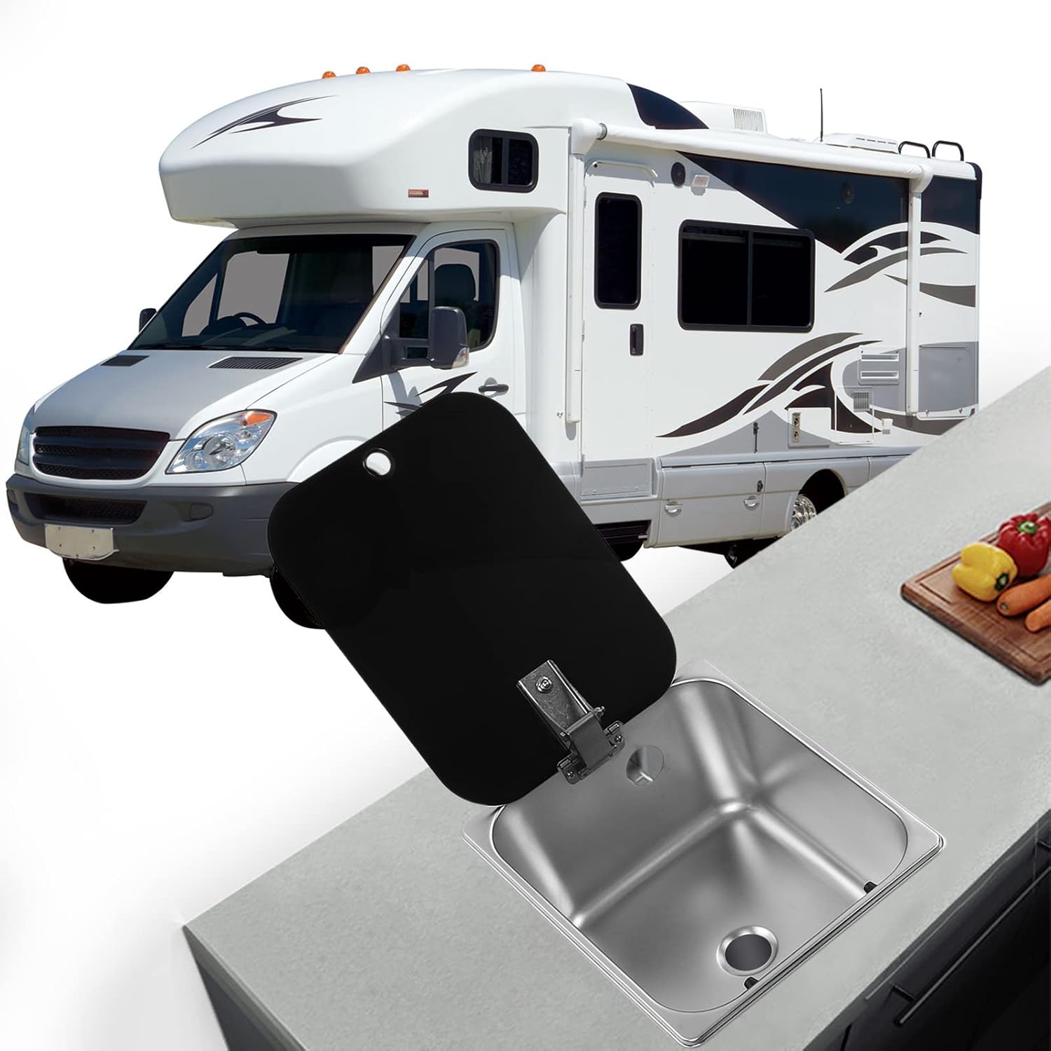 RV Kitchen Sink, Stainless Steel Single Bowl Hand Wash Basin with Tempered Glass Cover, Square Undermount Single Bowl Kitchen Sink for Camper Van Yacht