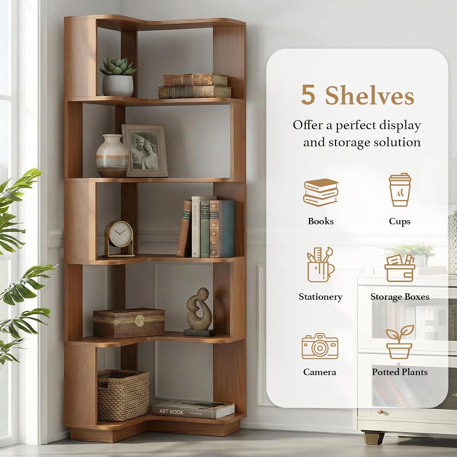 5 Tier Corner Bookshelf, Freestanding L-Shaped Wooden Bookcase with Open Shelves, Anti-Fall Panels and Anti-Tipping Device for Living Room, Bedroom, Home Office (Dark Oak)