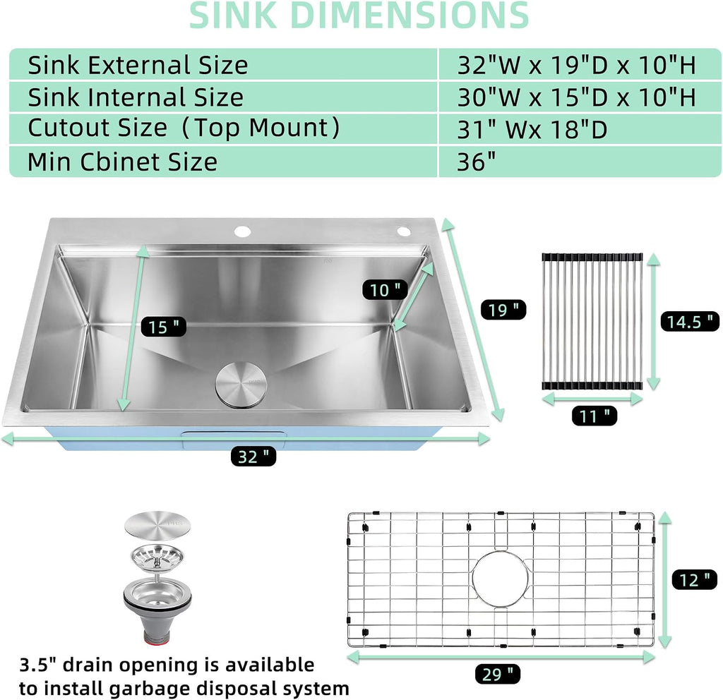 32 inch Workstation 32 * 19 Single Bowl