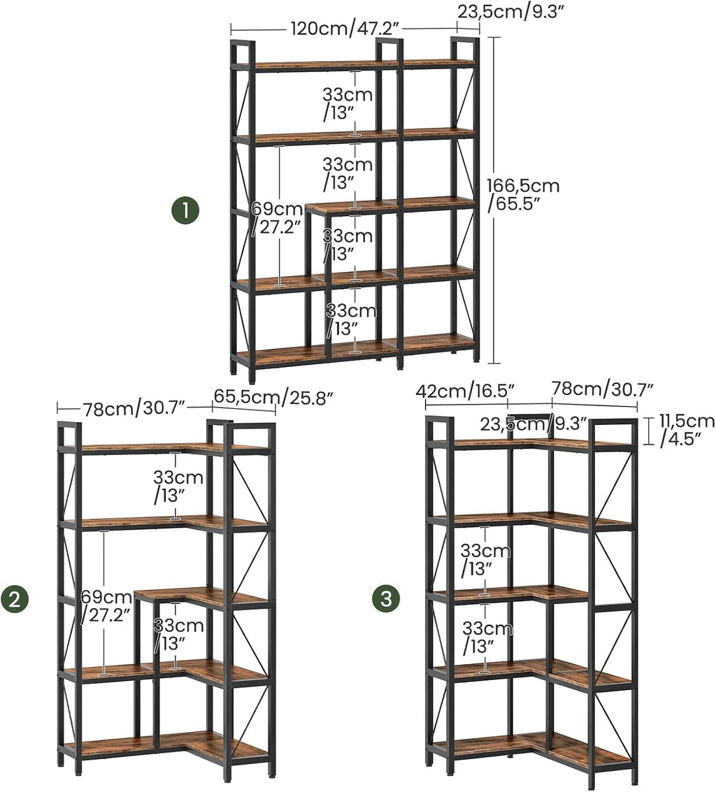 CHOEZON 5-Tier Corner Bookshelf, 65.5'' Tall L-Shaped Bookcase, Corner Storage Stand with Metal Frame, Display Storage Rack, for Living Room, Home Office, Bedroom, Rustic Brown TSJ12BF