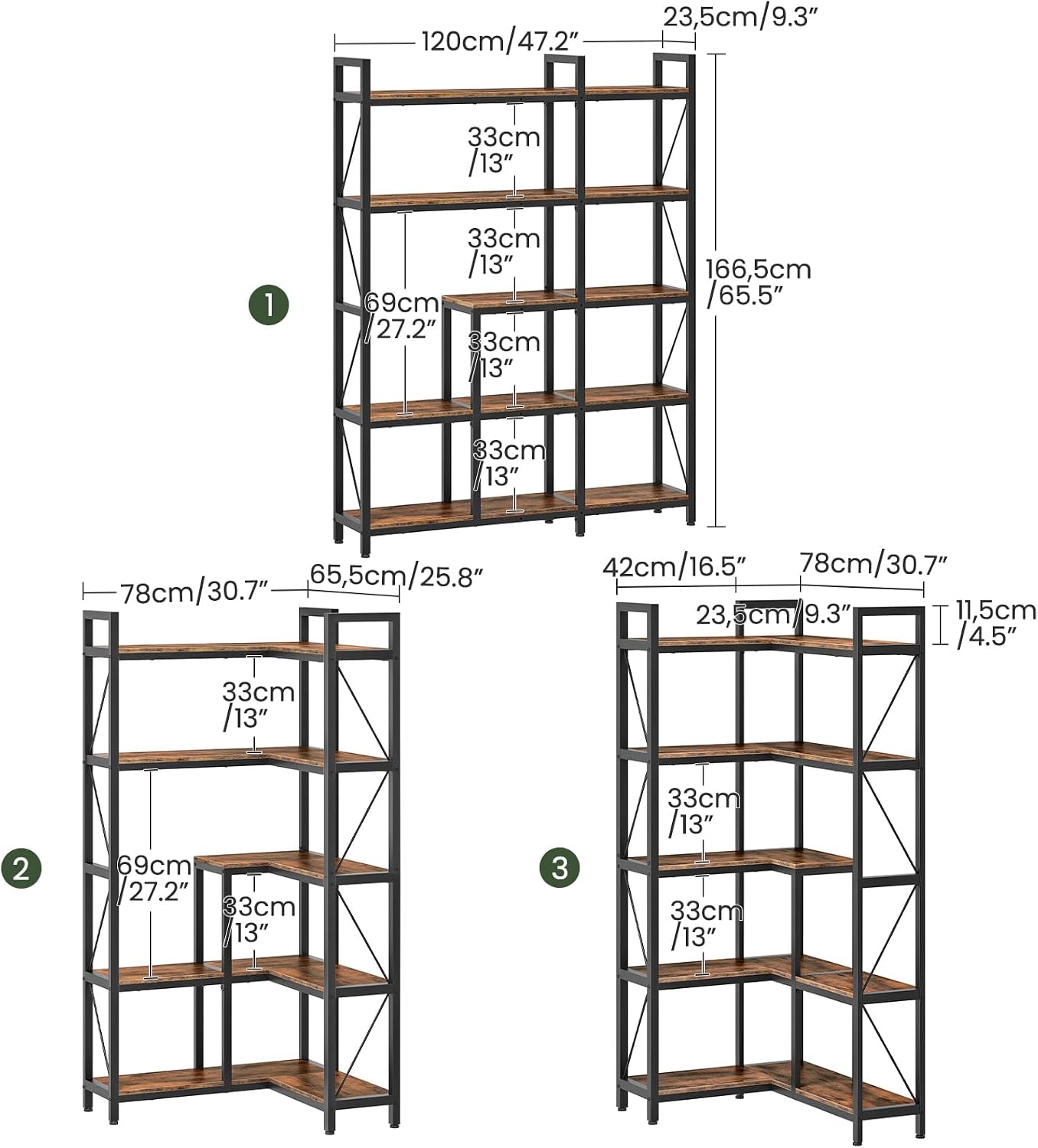 CHOEZON 5-Tier Corner Bookshelf, 65.5'' Tall L-Shaped Bookcase, Corner Storage Stand with Metal Frame, Display Storage Rack, for Living Room, Home Office, Bedroom, Rustic Brown TSJ12BF