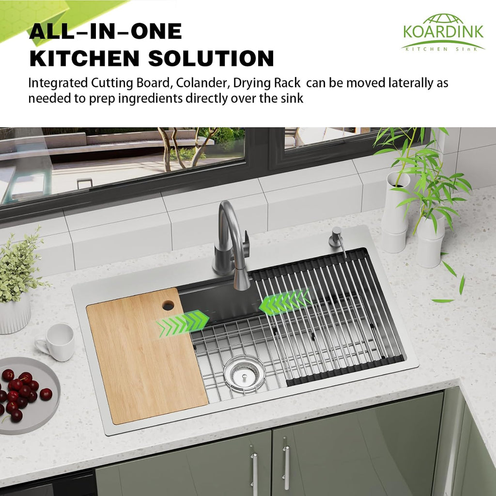 Kitchen Sink Workstation, 33x19 In Stainless Steel Drop In Modern Large Single Bowl Workstation Sink Gift Combo-SS Grid,Drying Rack,SS Colander,Cutting Board,Drain Assembly For Various Kitchen Style