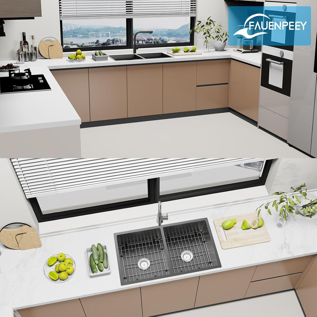 Black Kitchen Sink, 50/50 Double Bowl 33x19x8 Inch Undermount Stainless Steel Drop In Large Kitchen Sink Combo-Stainless Grid, Silicon Mat, Installation Clips For Modern SS Stylish Kitchen&Bar