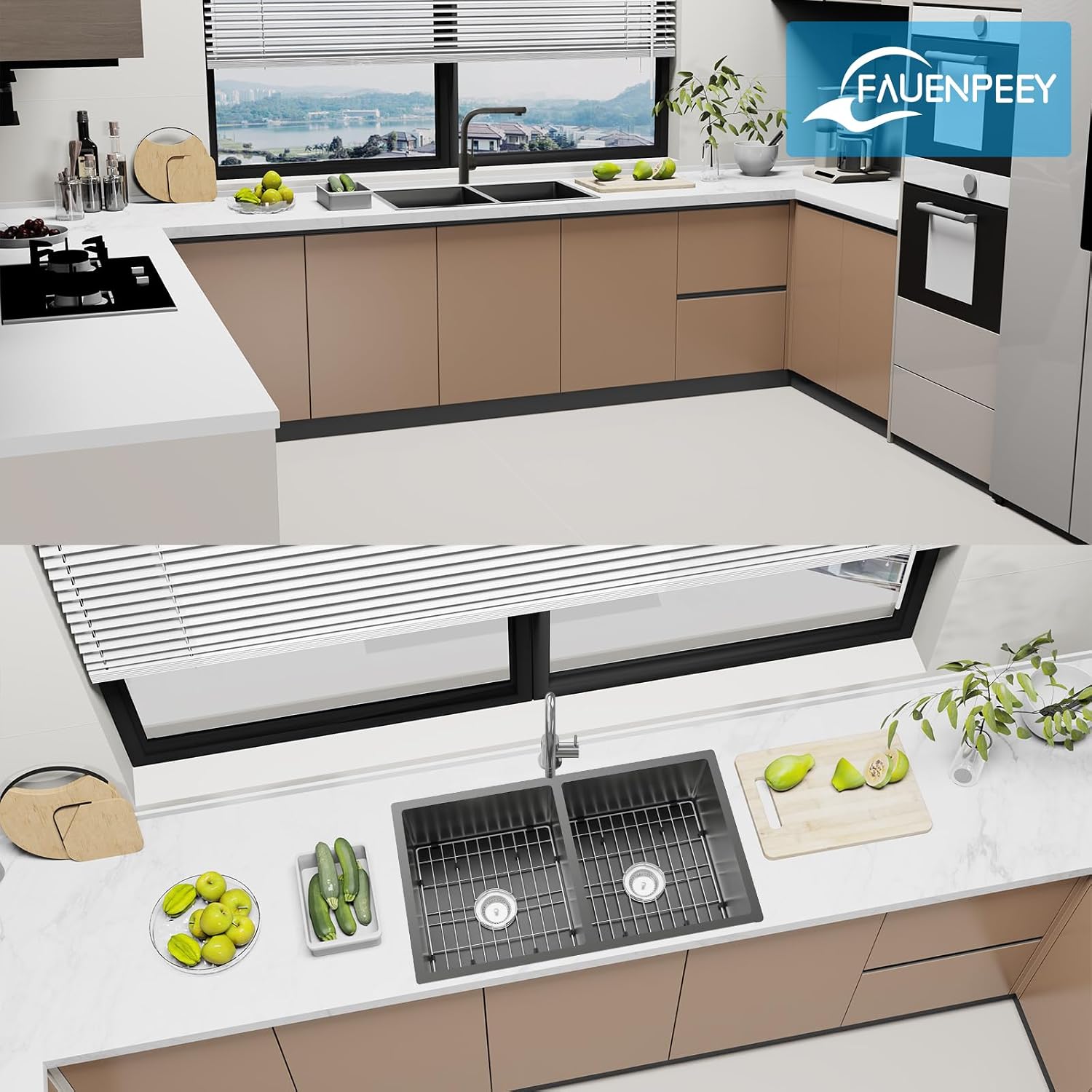 Black Kitchen Sink, 50/50 Double Bowl 33x19x8 Inch Undermount Stainless Steel Drop In Large Kitchen Sink Combo-Stainless Grid, Silicon Mat, Installation Clips For Modern SS Stylish Kitchen&Bar