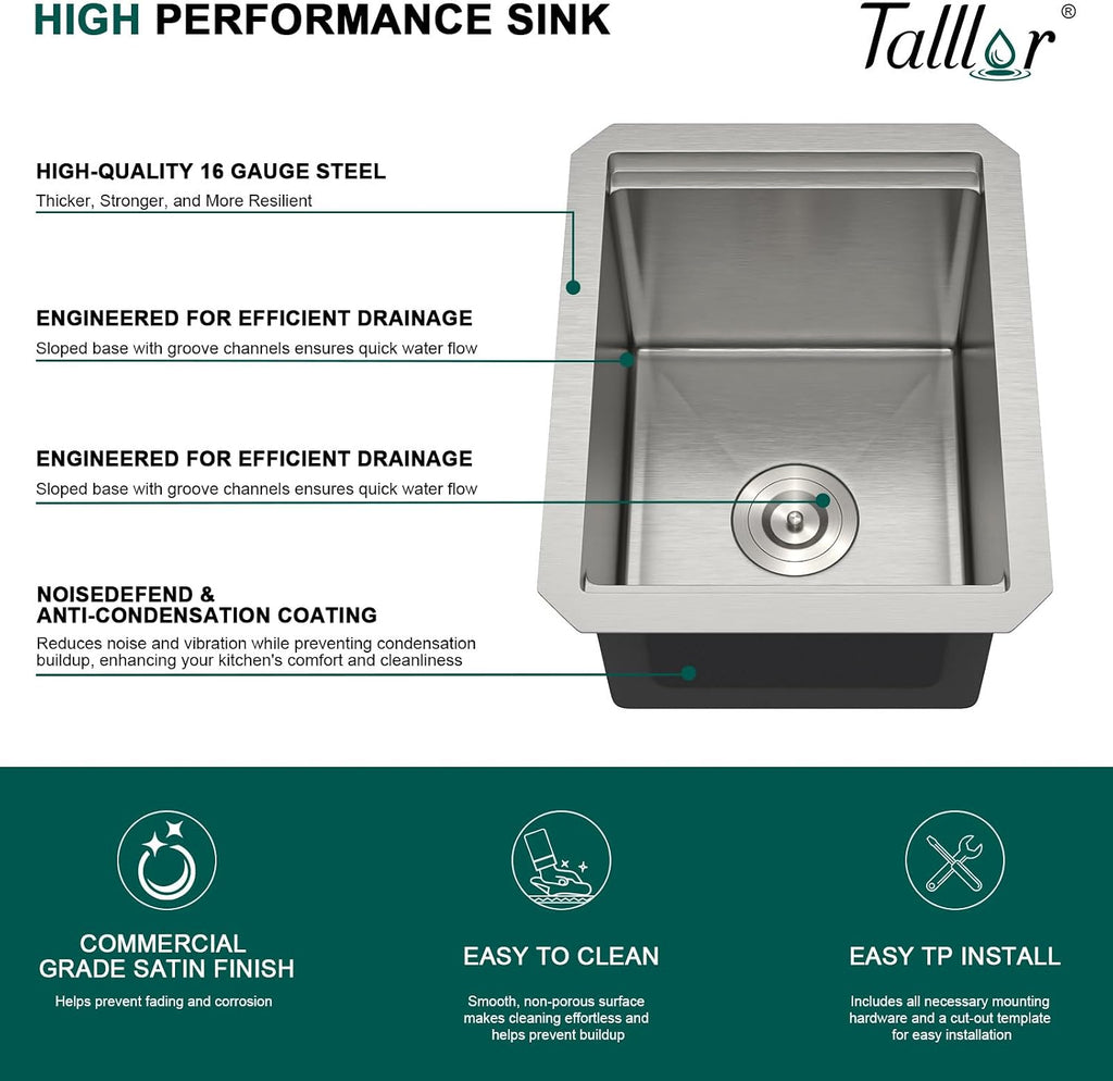 12' Undermount Bar Sink, 16 Gauge Stainless Steel Workstation Prep Sink with Cutting Board & Drain Strainer, Small Single Bowl Wet Bar Sinks for RV, Kitchen Island, Brushed Nickel #TLU-0018