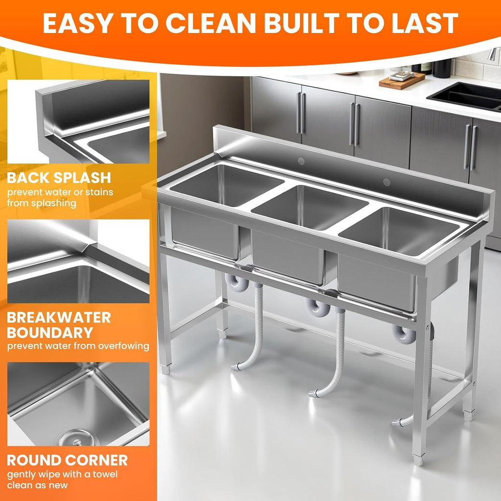 Stainless Steel Sinks, Freestanding Utility Sink with Triple Bowl and Laundry Sink Features for Multi-Purpose Use, 47.3'W x 18.5'D x 33.6'H