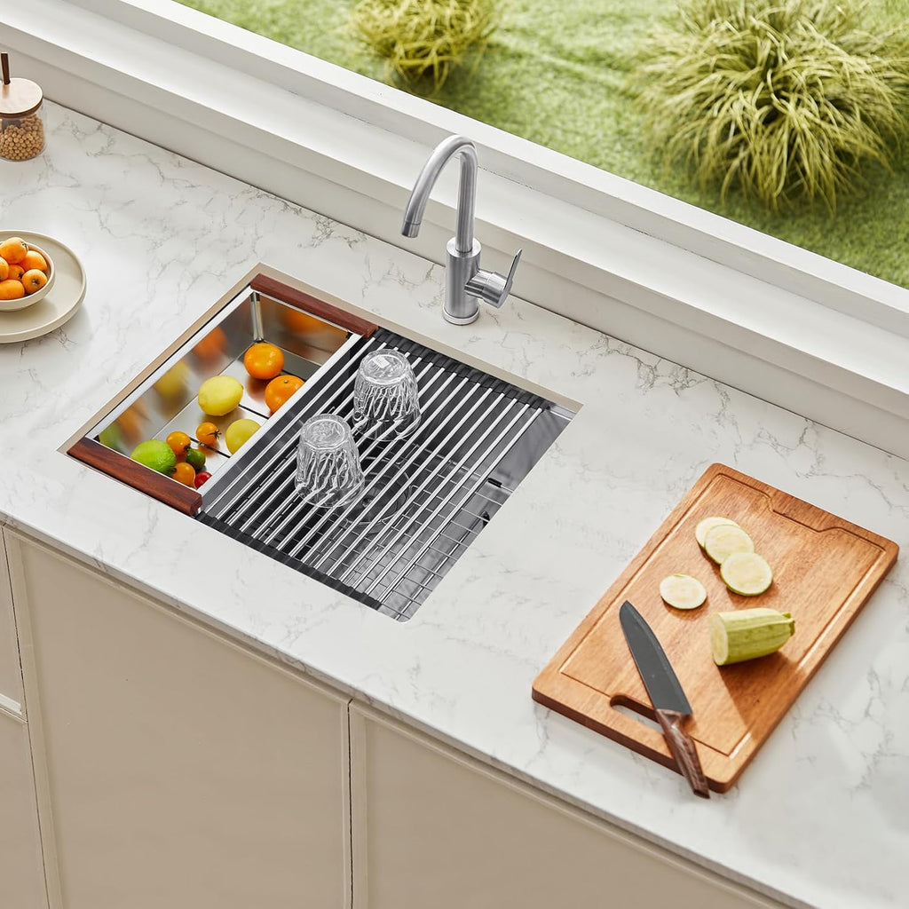 VEVOR 23 inch Kitchen Single Sink, 304 Stainless Steel Undermount Sink Drop-In Single Bowl Farmhouse Basin with Ledge & Multiple Accessories, Household Dishwasher Sinks for Prep Kitchen, Bar 23'*19'