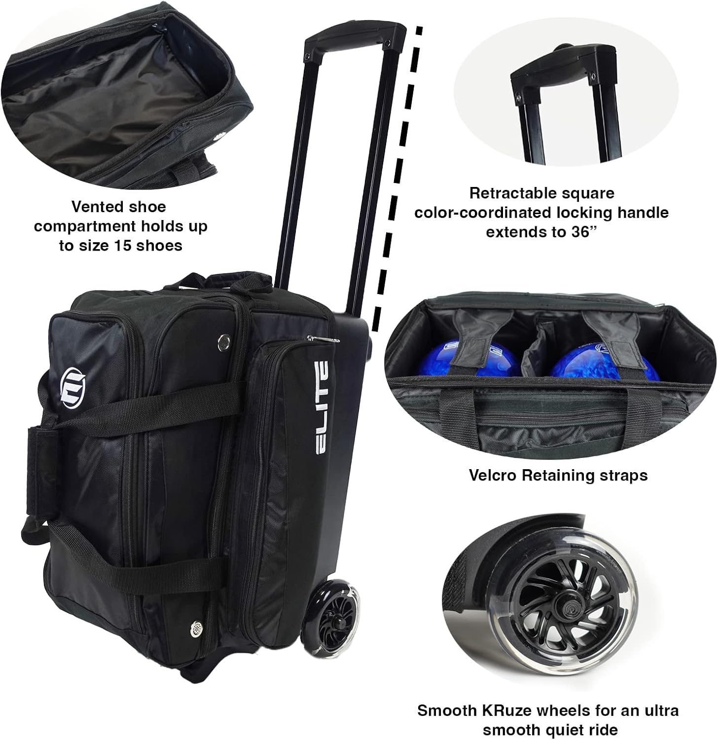 ELITE Deluxe 2 Ball Bowling Bag with 5' Smooth Wheels - Large Accessory Pocket, Shoe Compartment, 36' Extendable Handle