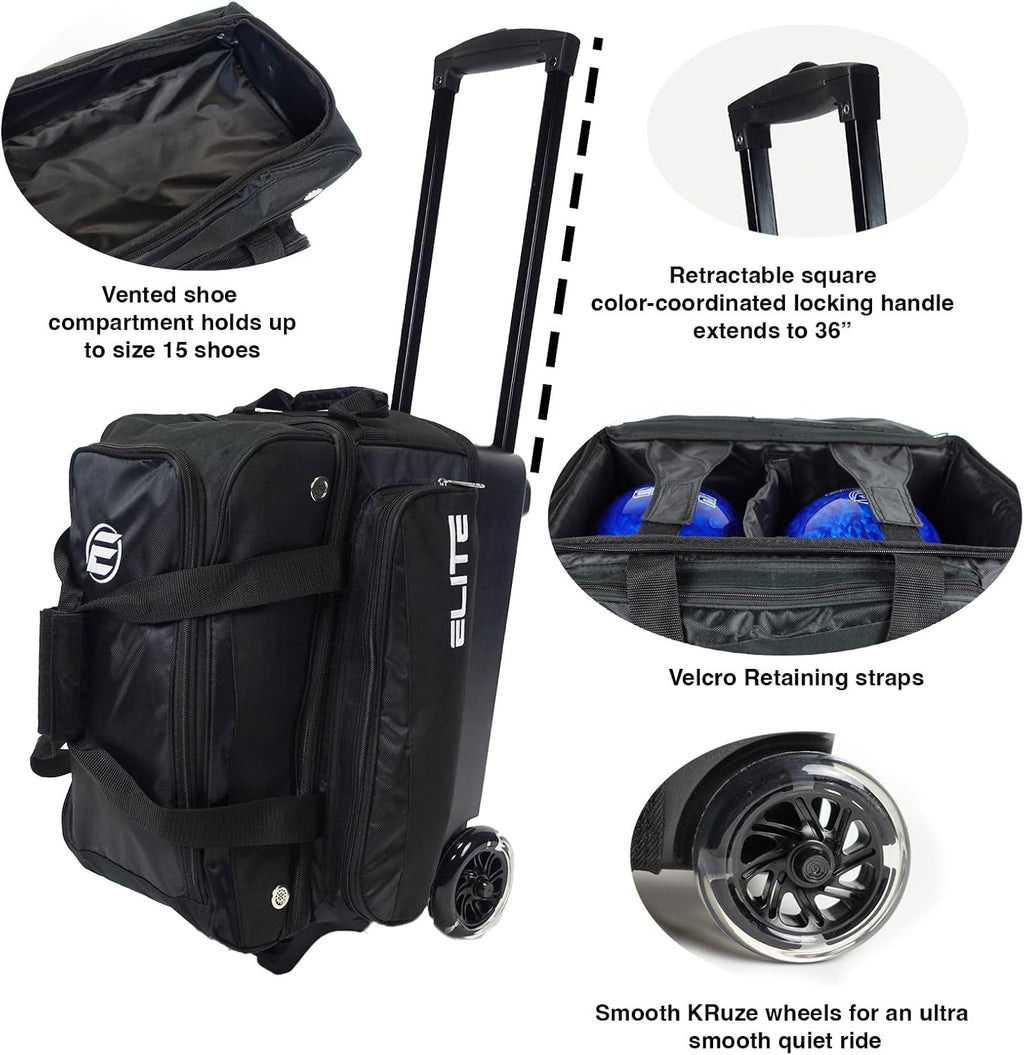ELITE Deluxe 2 Ball Bowling Bag with 5' Smooth Wheels - Large Accessory Pocket, Shoe Compartment, 36' Extendable Handle