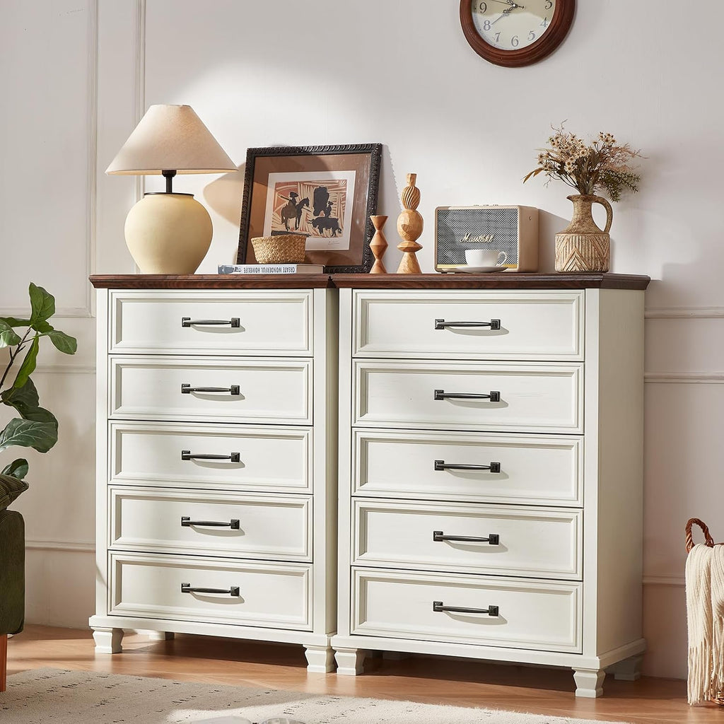 SAVOR LIFE Farmhouse Side Table with Charging Station, Antique Nightstands with Drawers, Bedside Table with Open Shelf for Bedroom, White