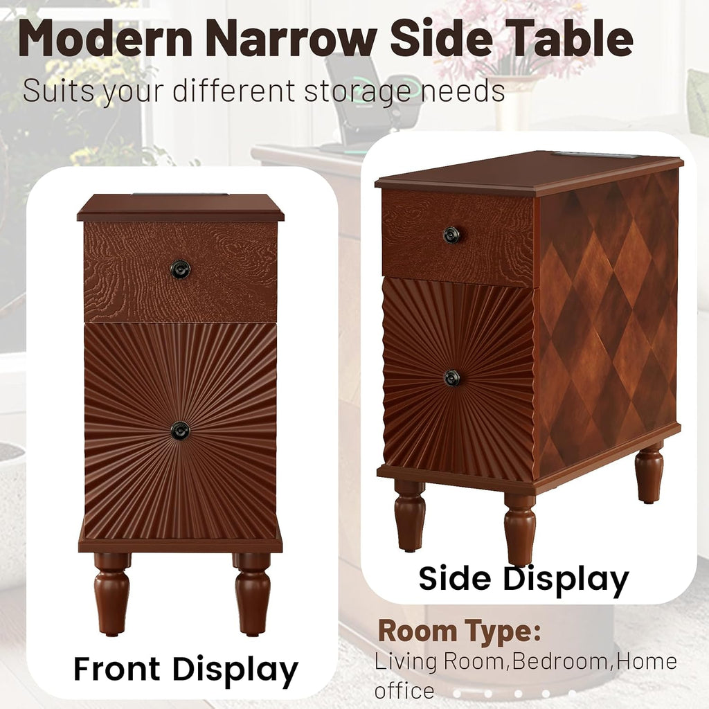 Wood End Table with Charging Station, Fully Assembled Slim Side Table with Drawers, Narrow Nightstand Bedside Table for Small Spaces, Living Room, Bedroom,Walnut