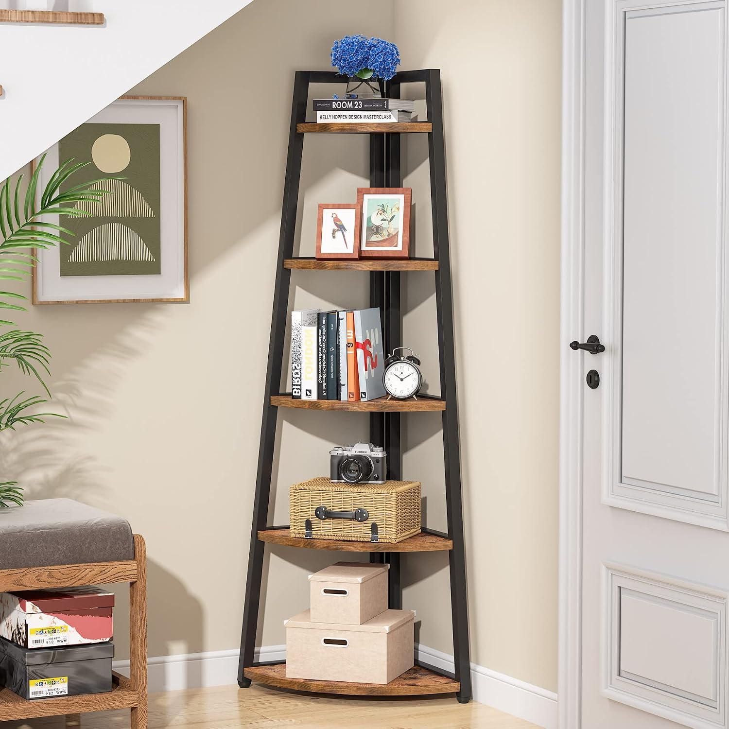 LITTLE TREE 5 Tier Tall Corner Shelf 70 Inch Corner Bookshelf Bookcase for Small Space