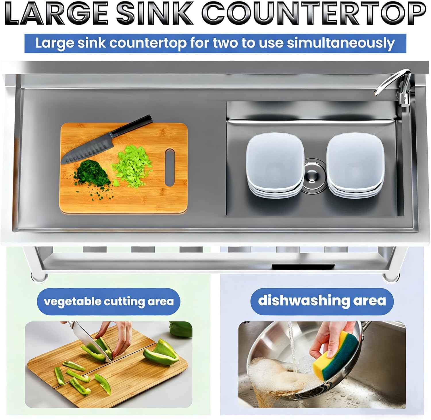 Stainless Steel Utility Sink, 47.3'x18.5'x37'Free Standing Single Bowl Commercial Kitchen Sink with Faucet, NSF - Basin Workbench with Hot & Cold Water Pipe for Garage Restaurant Laundry
