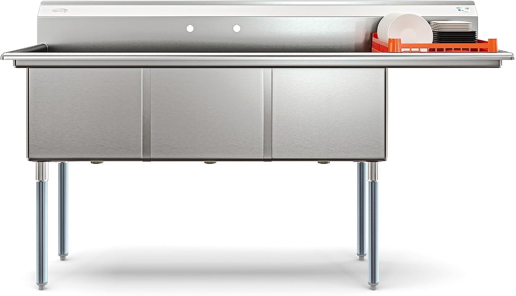 KoolMore 75 in. Three Compartment 18-Gauge Stainless-Steel NSF Commercial Kitchen Sink, Bowl Size 18x18x14, with Three Basins and Pre-Drilled Faucet Holes with a Right Drainboard (KM-SC181814-18R3)