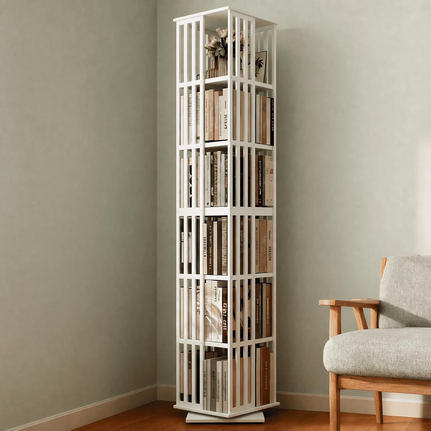 Lauxery Rotating Bookshelf Tower– 6 Tier 360° Bamboo Spinning Book Shelves| Space-Saving Tall Square Revolving Bookcase for Small Space, Living Room, Bedroom & Office | White Corner Bookshelf
