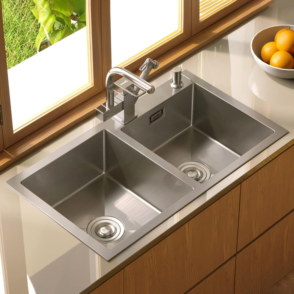 304 Stainless Steel Kitchen Sink Silver Double Bowl Bar Prep Sink RV Sink with Drain Pipe and Installation Kit Drop in Or Undermount (Color : NO Faucet, Size : 72x40x21cm) (Dhave Faucet 72x40x21c