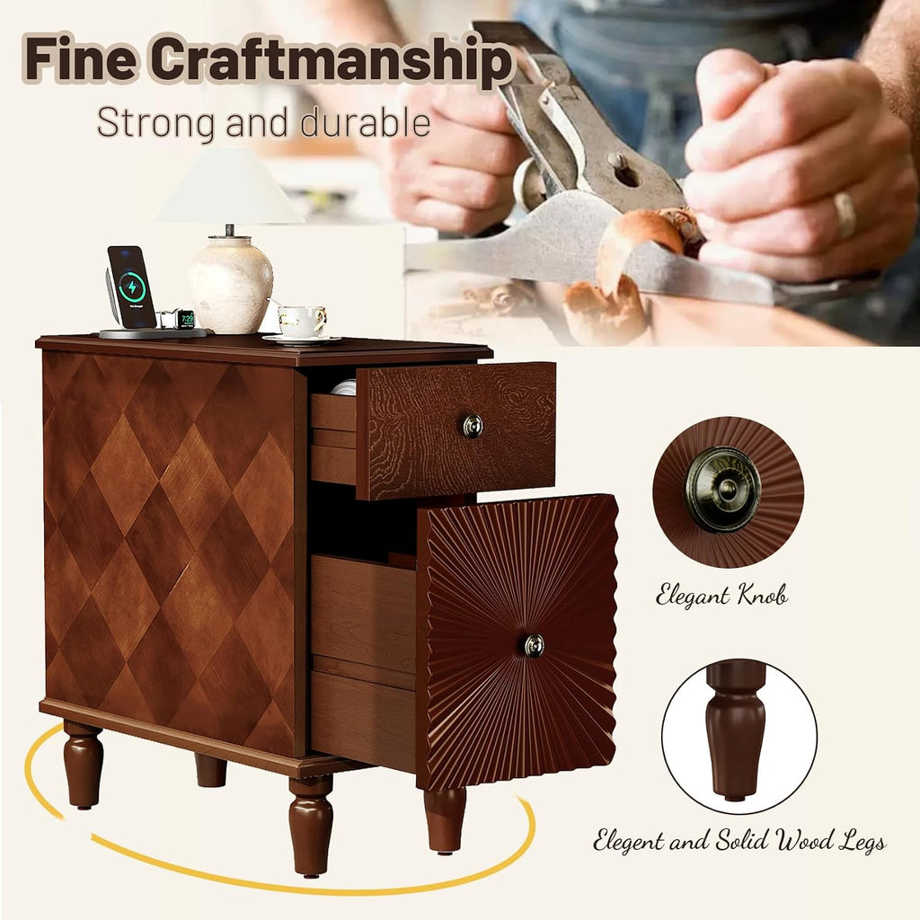 Wood End Table with Charging Station, Fully Assembled Slim Side Table with Drawers, Narrow Nightstand Bedside Table for Small Spaces, Living Room, Bedroom,Walnut