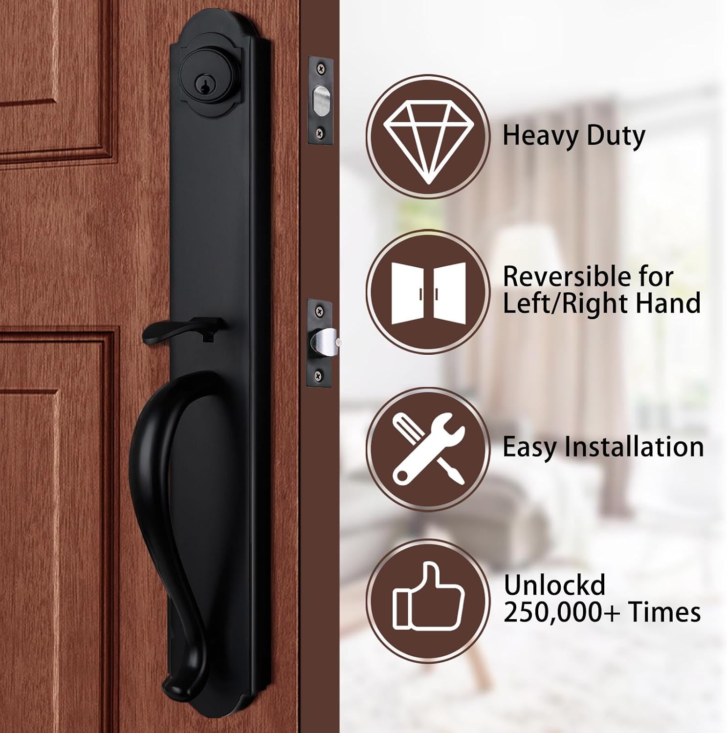 Double Front Door Handle Set with Camelot Trim in Matte Black, Entrance Front Door Lock Set with Deadbolt and Knob, X-2018DBSET