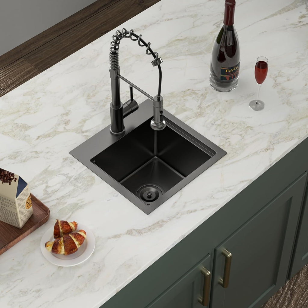 Logmey 15' Square Drop in Bar Sink,PVD Nano Gun Black 16 Gauge Stainless Steel,15x15x9 Workstation Sink for Kitchen Prep,RV,Wet Bar & Outdoor