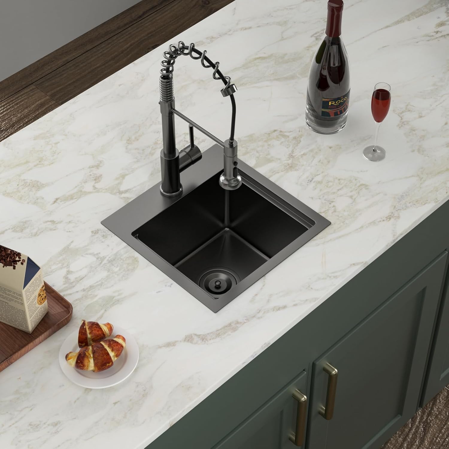 Logmey 15' Square Drop in Bar Sink,PVD Nano Gun Black 16 Gauge Stainless Steel,15x15x9 Workstation Sink for Kitchen Prep,RV,Wet Bar & Outdoor