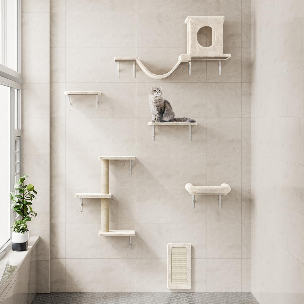 NUNU LAB Wall Mounted Cat Wall Shelves, 12-in-1 Cat Wall Climber with Condos House, Scratching Post, Bridge Ladder, Indoor Space-Saving Furniture for Kittens Play, Beige