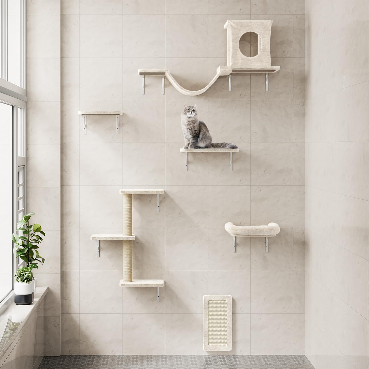 NUNU LAB Wall Mounted Cat Wall Shelves, 12-in-1 Cat Wall Climber with Condos House, Scratching Post, Bridge Ladder, Indoor Space-Saving Furniture for Kittens Play, Beige