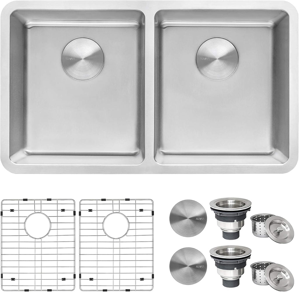 Ruvati 31- inch Undermount Kitchen Sink – 50/50 Double Bowl Kitchen Sink, 16 Gauge T-304 Stainless Steel Sinks, Undermount Sinks with Brushed Finish hides scratches – RVM5099