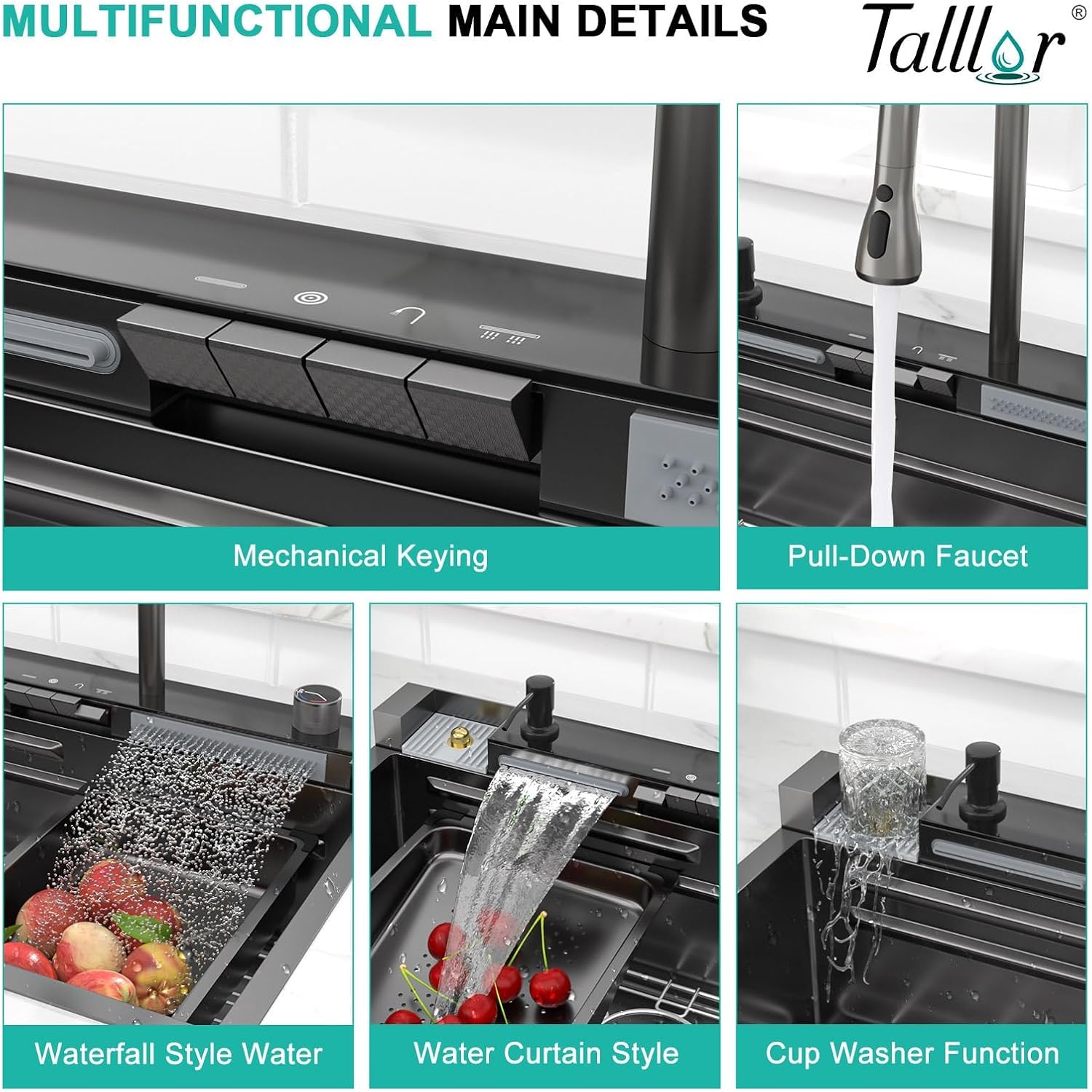 Smart Waterfall Kitchen Sink 30 Inch, Gunmetal Black Drop In 16 Gauge Stainless Steel Single Bowl Workstation Sink with Pull-Down Faucet, Cup Washer & Multi-Function Spray#TLWF-0004