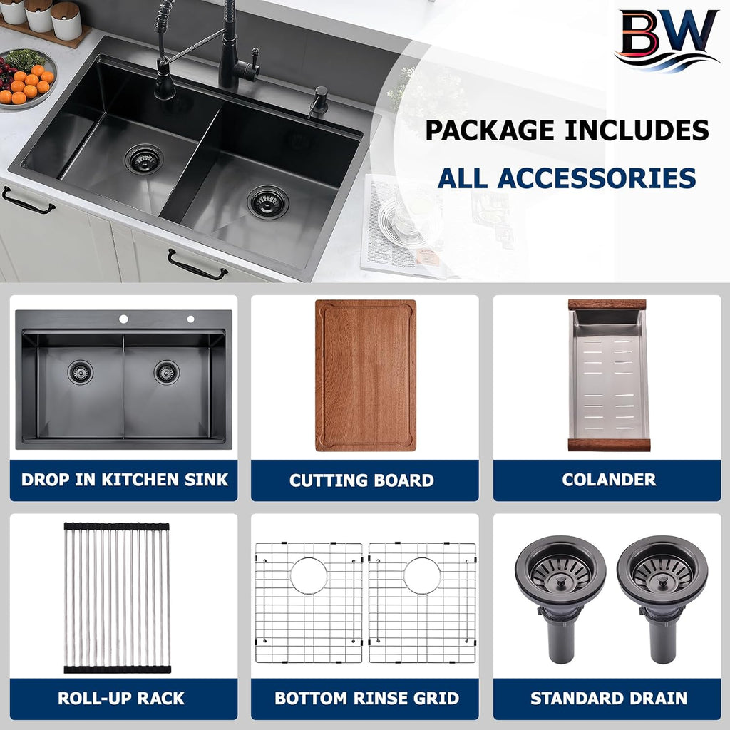 33x22 Black Double Bowl Drop In Kitchen Sink Workstation - 16 Gauge Stainless Steel Workstation Sinks 50/50 Split, Top Mount Drop In Kitchen Sink Double Bowl with Accessories