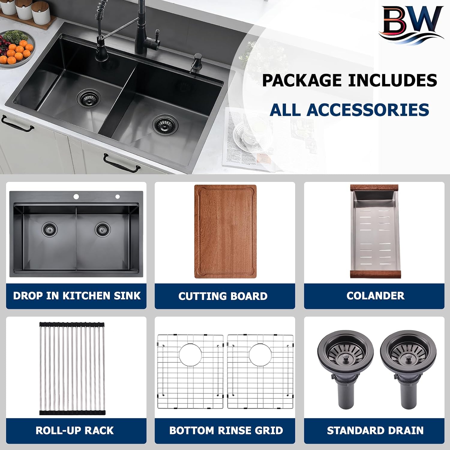 33x22 Black Double Bowl Drop In Kitchen Sink Workstation - 16 Gauge Stainless Steel Workstation Sinks 50/50 Split, Top Mount Drop In Kitchen Sink Double Bowl with Accessories