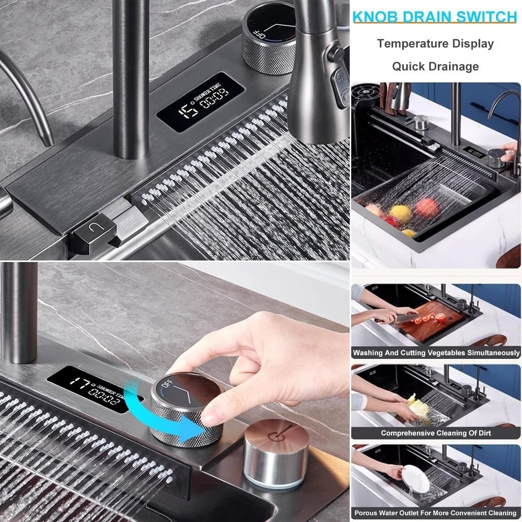 Waterfall Kitchen Sink with Three-in-one Pull-Out Faucet Single Bowl Kitchen Sink with Full Set of Accessories Stainless Steel Bar Sink with LED Digital Display Screen (Black 75x46x22cm)
