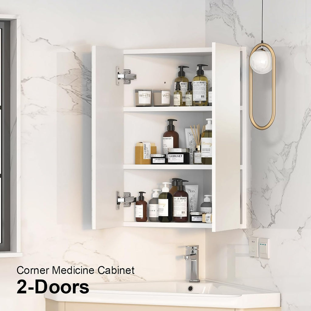 Corner Medicine Cabinet with Mirror,Bathroom Corner Mirror Cabinet with 2 Doors,Medicine Cabinet Wall Mounted for Small Space,2 Fixed Shelves,White,24' x18'